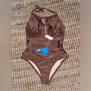 Cupshe Womens Plus Chocolate Brown Halter Top One Piece Swimsuit